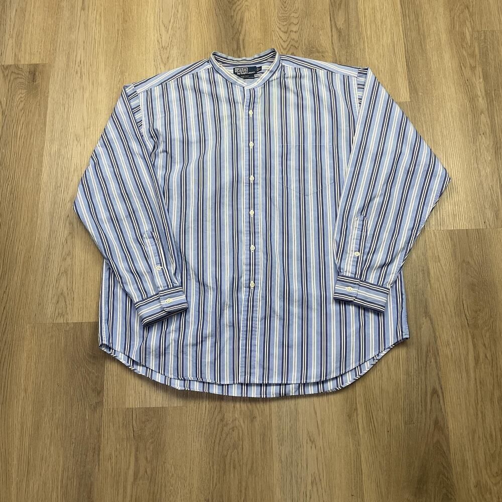 Vintage Polo Ralph Lauren Shirt Mens XL Blue Striped Postboy Band Collar 90s